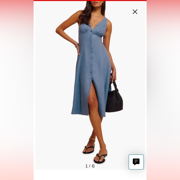 NWT Reformation CORNFLOWER SEBASTIEN LINEN BUTTON MIDI DRESS Size 6 - Picture 2 of 11